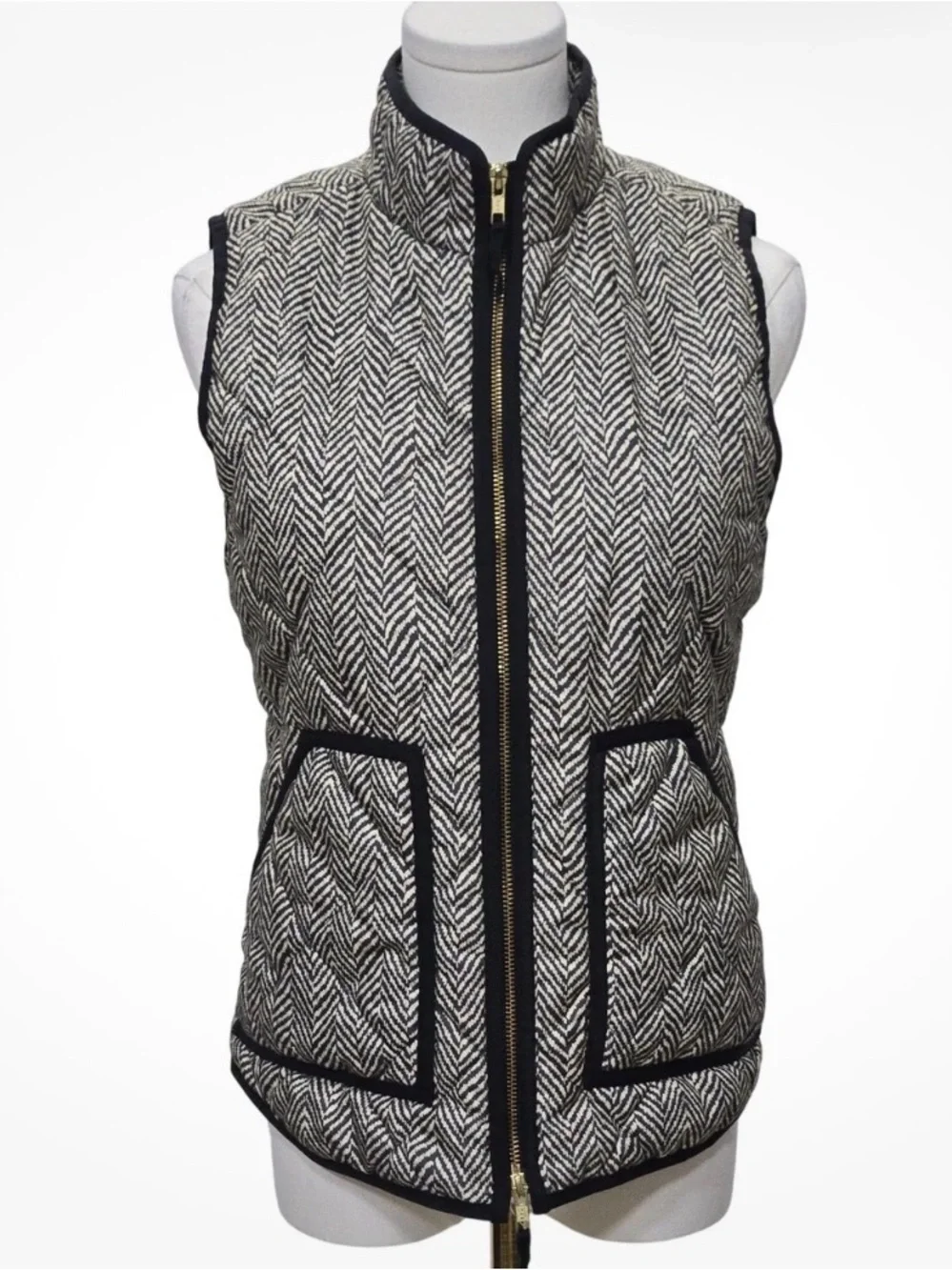 J. Crew Quilted Herringbone Vest in Black and Cream
